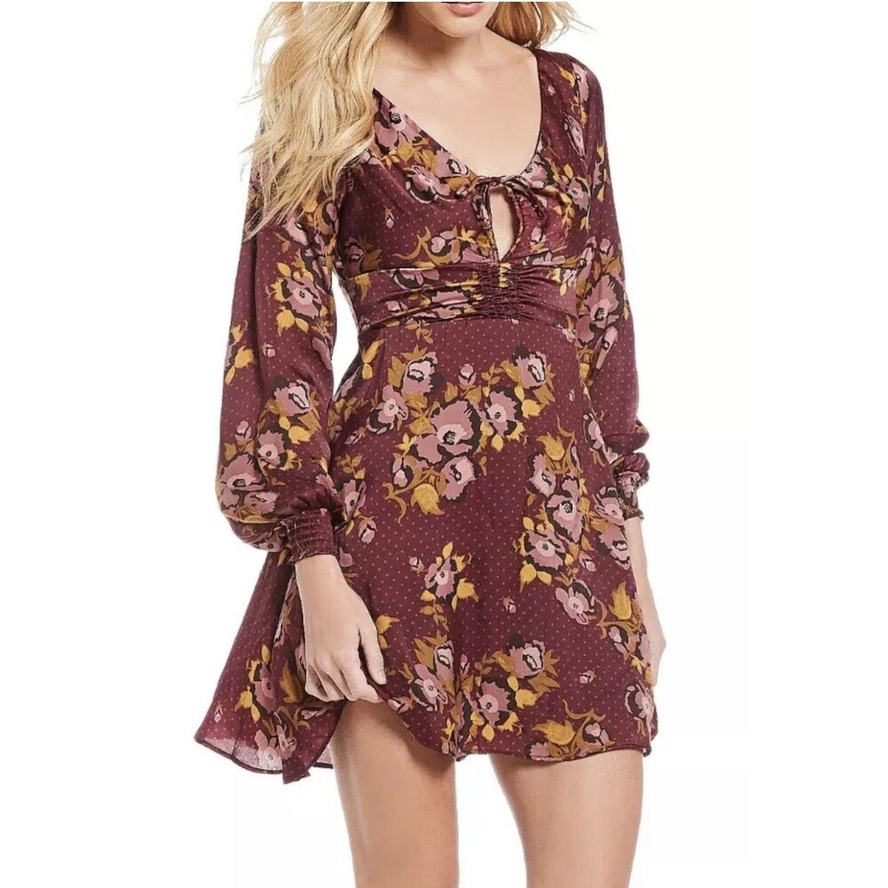 Free People Dress Morning Light Mini Purple Floral Keyhole sz10 Whimsy Fairy EUC